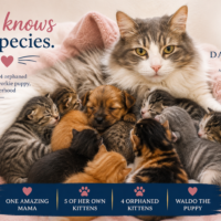 orphaned puppy and kittens with rescue cat Harmony