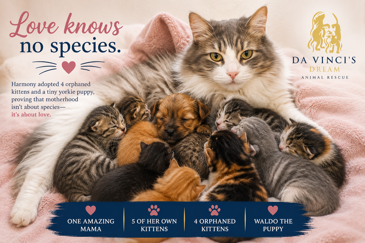 orphaned puppy and kittens with rescue cat Harmony