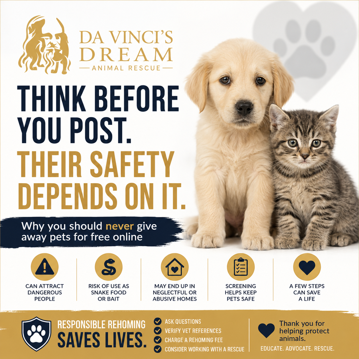 Warning about giving away free pets online and safe pet rehoming practices by Da Vinci’s Dream Animal Rescue